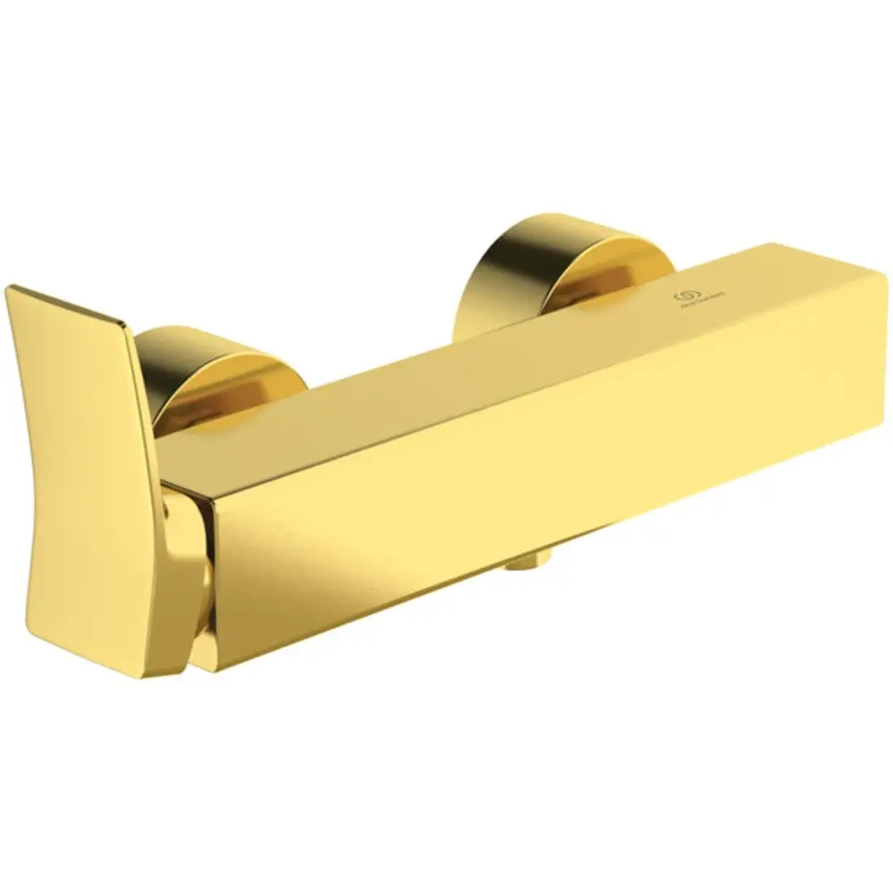 Brausearmatur in Goldoptik mit zwei runden Reglern, gefertigt von Ideal Standard. Die Armatur hat eine elegante, rechteckige Form und ist für Wasseranschlüsse konzipiert.